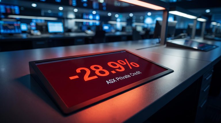 ASX trading terminal displaying -28.9% amid private credit risk exposure from Bathla developer collapse