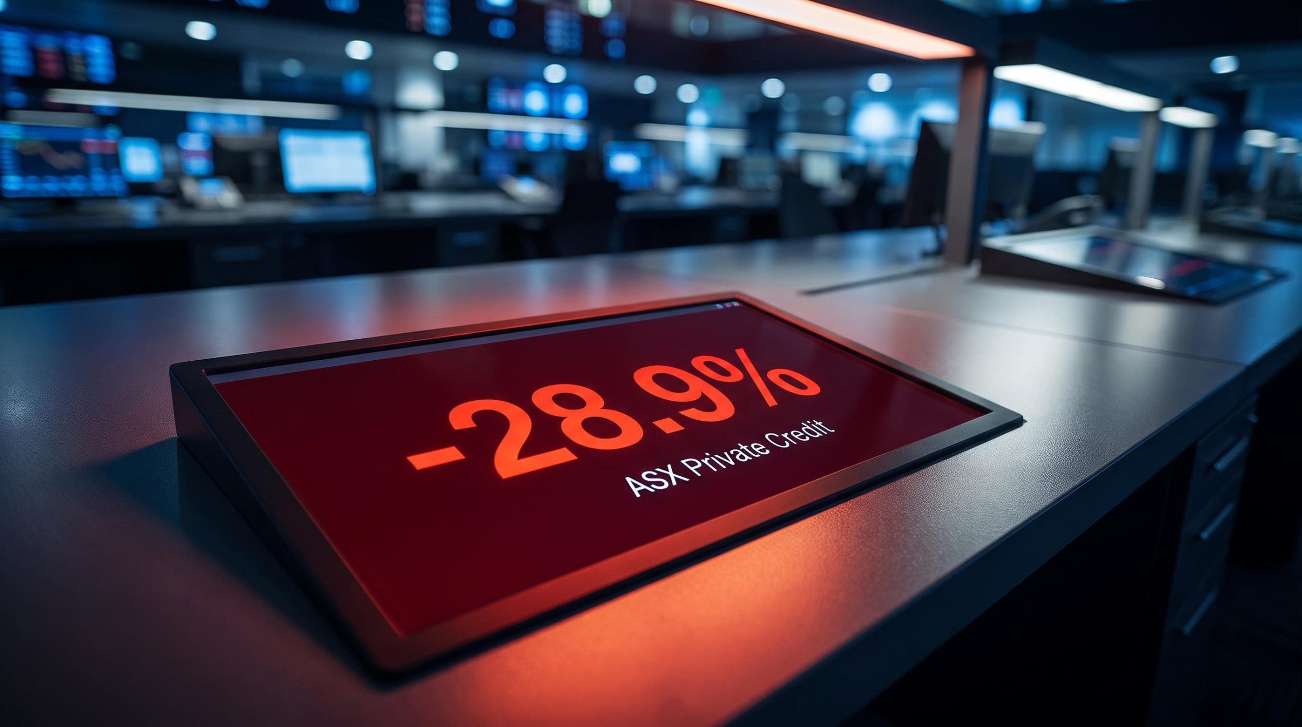 ASX trading terminal displaying -28.9% amid private credit risk exposure from Bathla developer collapse