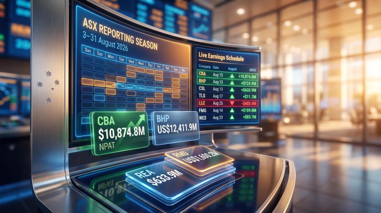 ASX reporting season August 2026 earnings calendar on trading terminal with CBA $10,874.8M and BHP US$12,411.9M data overlays