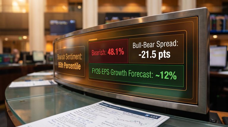ASX reporting season data screen showing 48.1% bearish sentiment at 95th percentile versus 12% FY26 earnings growth forecast