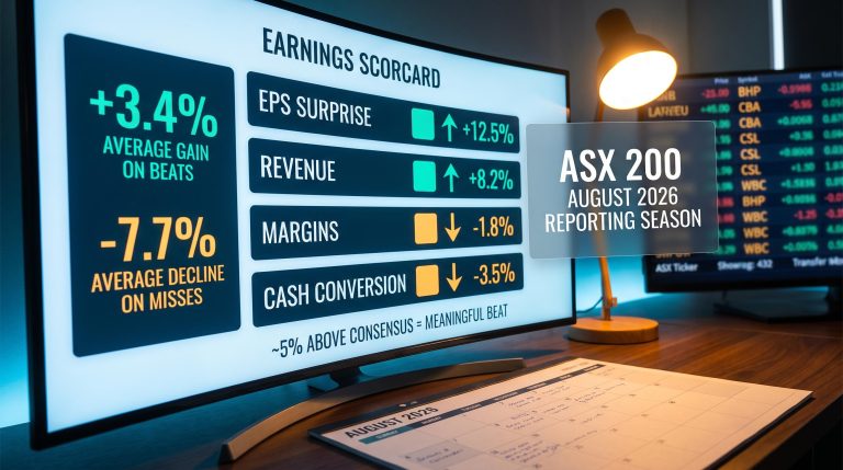 ASX 200 earnings dashboard showing 3.4% beat vs -7.7% miss asymmetry during August 2026 reporting season