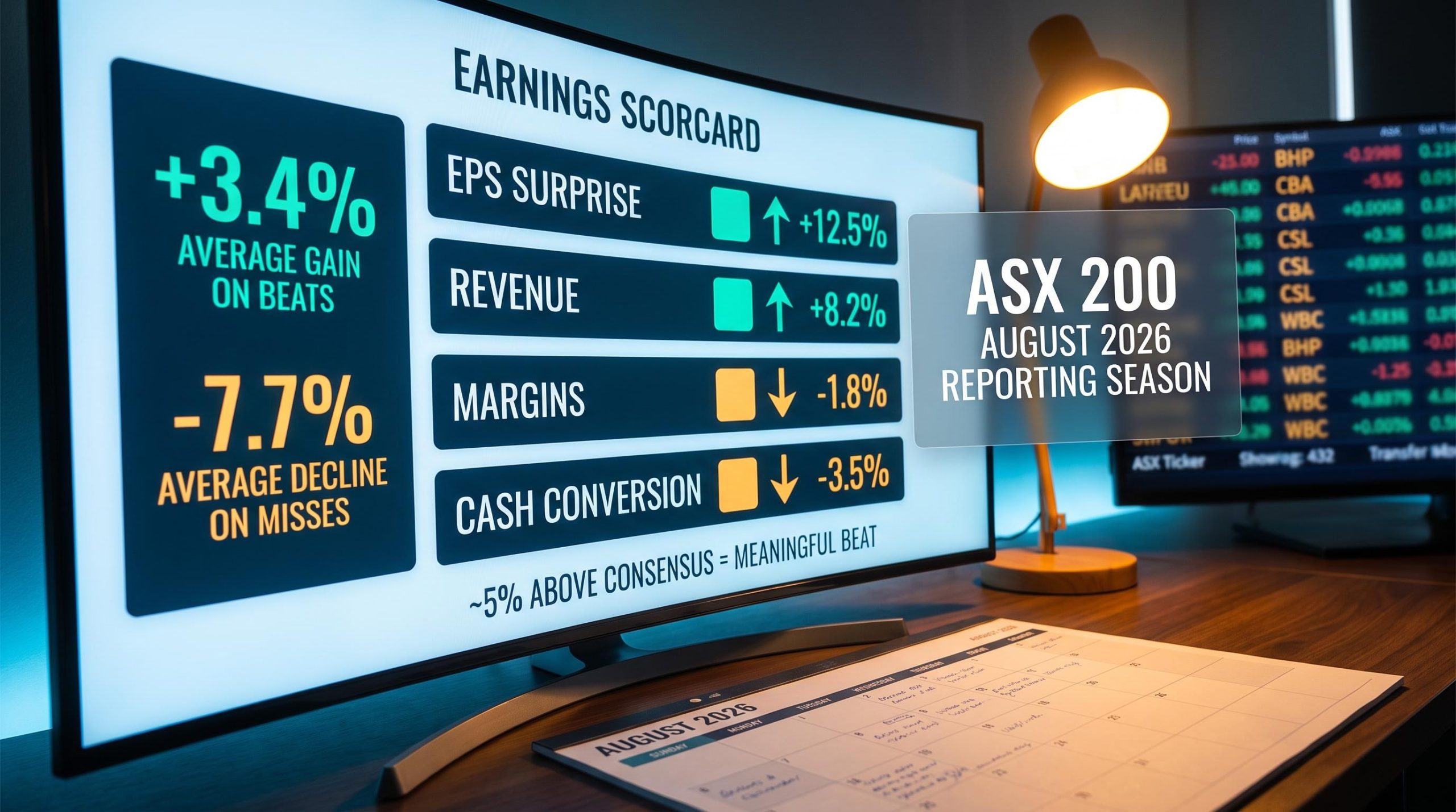 ASX 200 earnings dashboard showing 3.4% beat vs -7.7% miss asymmetry during August 2026 reporting season