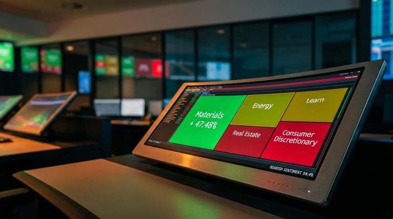 ASX sector heat map terminal showing Materials surging and Real Estate falling during Fed rate hike cycle