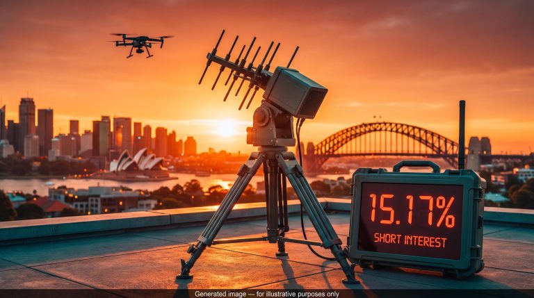 Counter-drone system beside a red 15.17% display at sunset, illustrating record ASX short interest in DroneShield