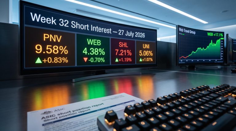 ASX short interest dashboard showing PolyNovo at 9.58% and Web Travel Group cover ahead of 17.1% surge