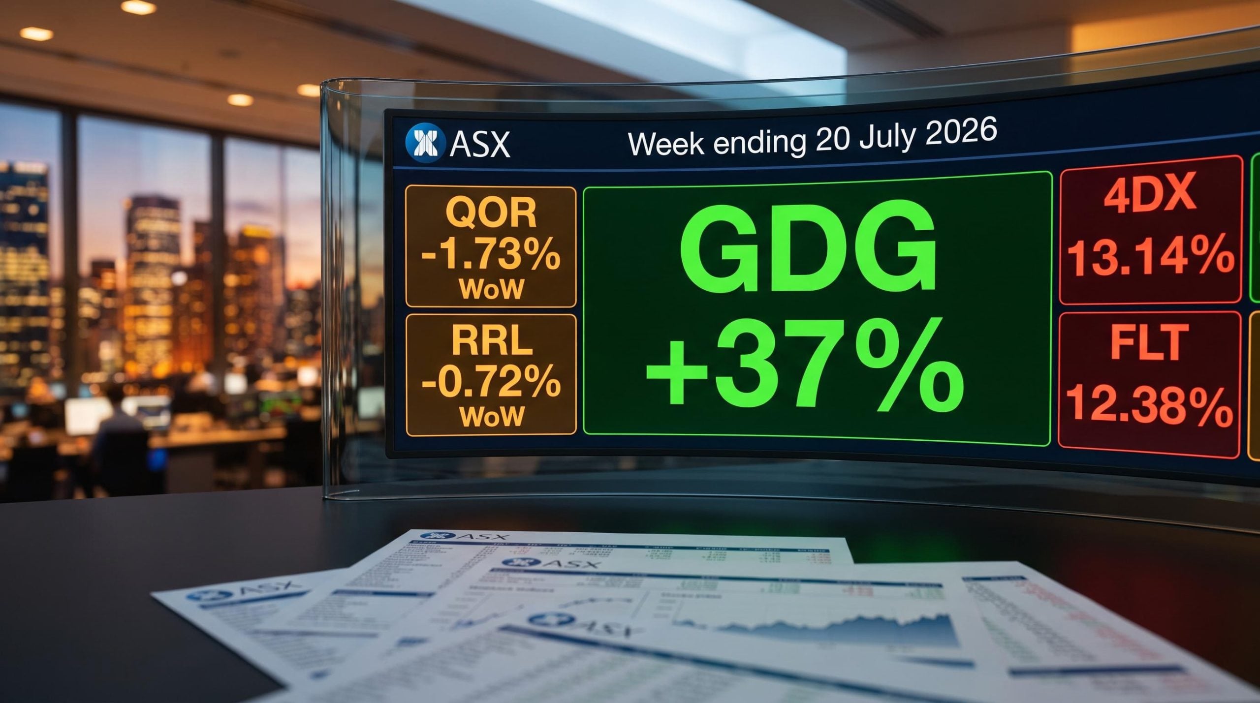 ASX short position data terminal showing GDG 37% rally and ASIC short interest figures for week ending 20 July 2026