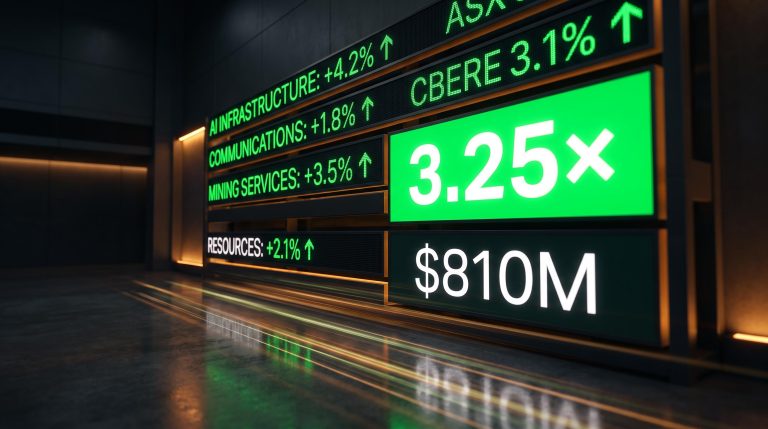 ASX trading board with 3.25× oversubscription and $810M guidance signals Australian small-cap earnings momentum
