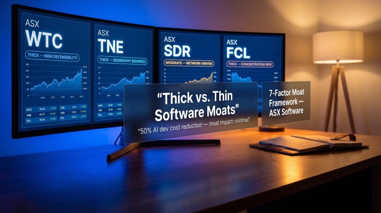 ASX software stocks WTC TNE SDR FCL on multi-screen terminal with thick vs thin moat framework overlays