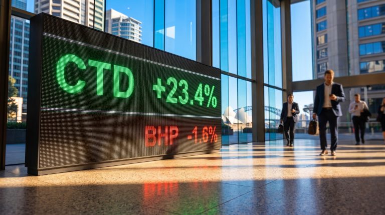 ASX stock movers board showing CTD up 23.4% beside a small BHP dip in a sunlit Sydney lobby