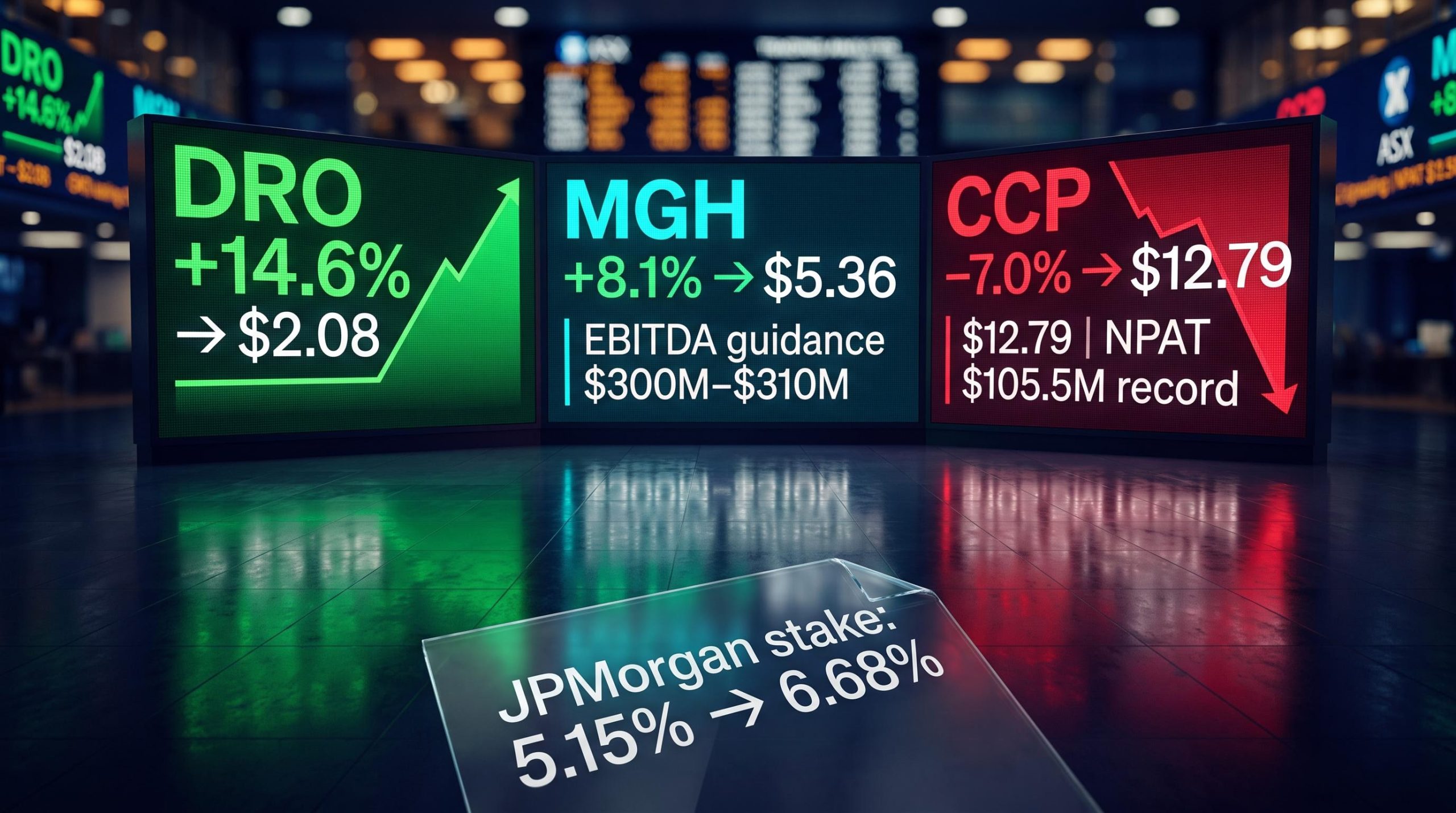 ASX stock movers DRO 14.6%, MGH 8.1%, CCP –7% on 4 August 2026 earnings season data panels