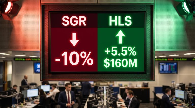 ASX trading board split red and green showing Star Entertainment -10% and Healius +5.5% on Friday session