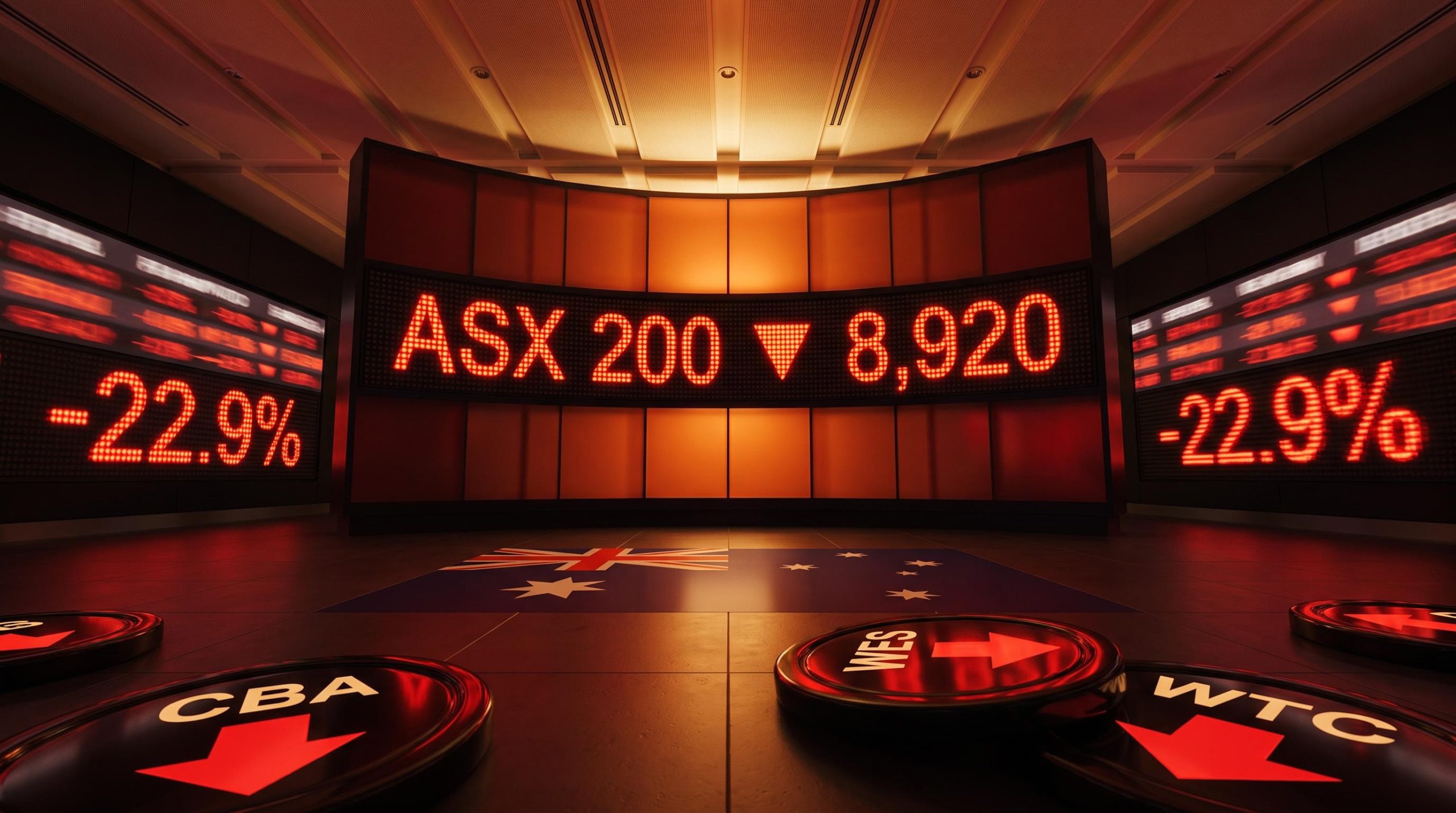 ASX 200 at 8,920 as 65 stocks enter downtrend, led by CBA, WES and WTC amid RBA rate hike fears