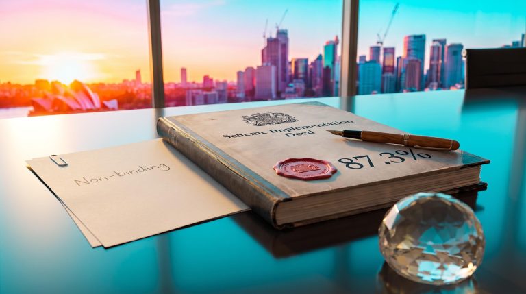 Sealed scheme deed showing 87.3% beside a non-binding note, explaining ASX takeover bids as legal instruments