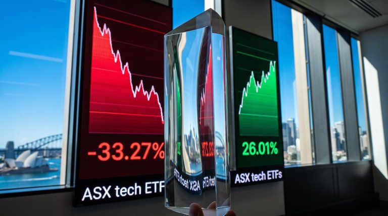ASX tech ETFs contrast: magnifying lens over red -33.27% and green 26.01% screens with Sydney skyline behind