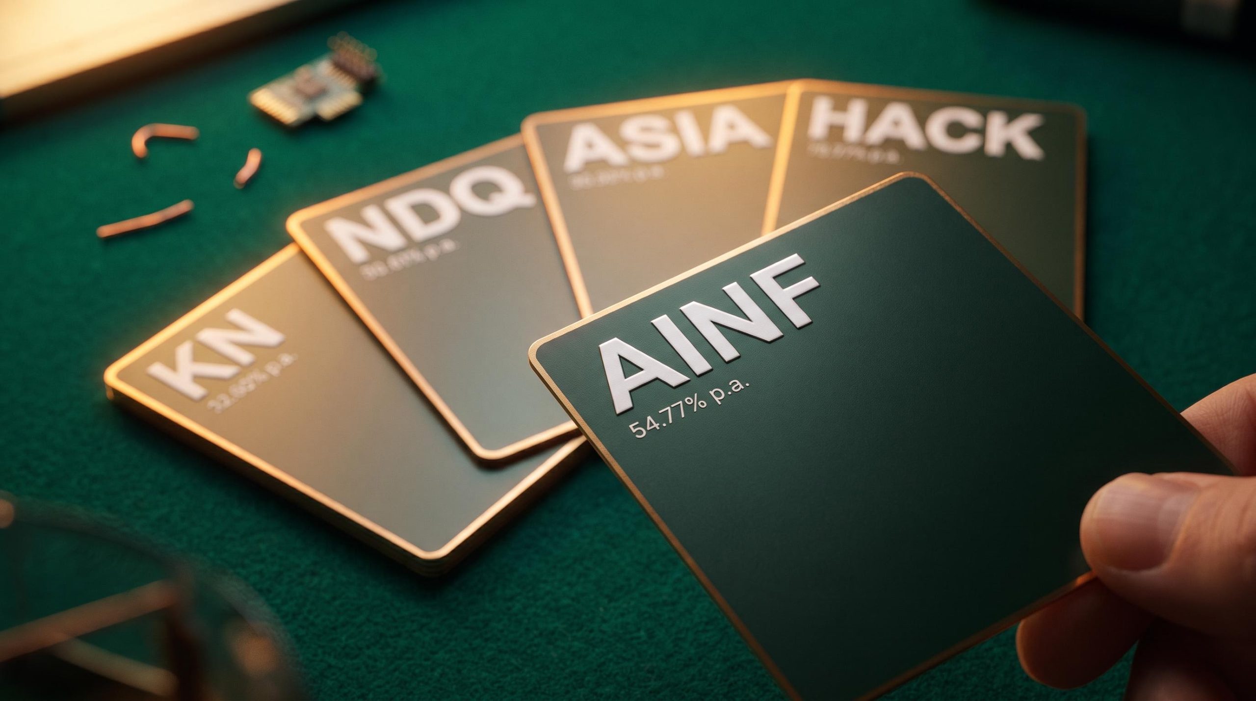 Four ASX tech ETFs — NDQ, ASIA, HACK, AINF — fanned as trading cards with AINF showing 54.77% p.a.