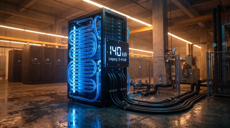 Dense AI GPU server rack with liquid coolant pipes showing 140 kW load — ASX tech stocks power data centre boom