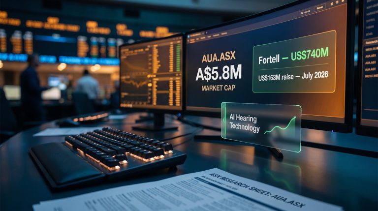 ASX trading screen showing AUA market cap vs Fortell US$740M raise — AI hearing tech valuation gap