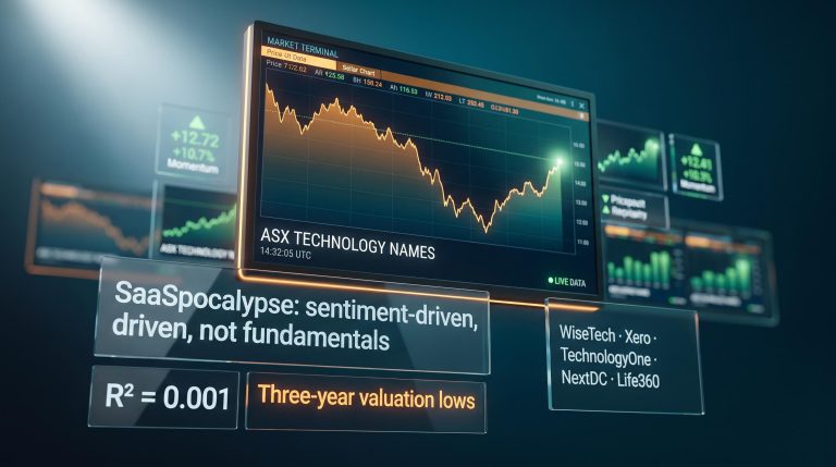 ASX tech stocks at three-year valuation lows with SaaSpocalypse sentiment data overlaid on glowing market terminal