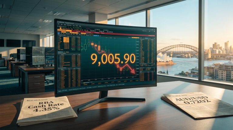 ASX 200 trading terminal showing 9,005.90 with Sydney Harbour backdrop as RBA rate decision looms