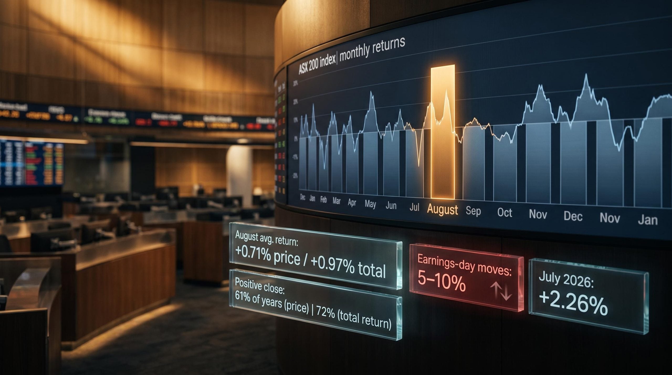 ASX 200 August performance data panels showing 0.71% avg return and July 2026 gain on trading floor screen
