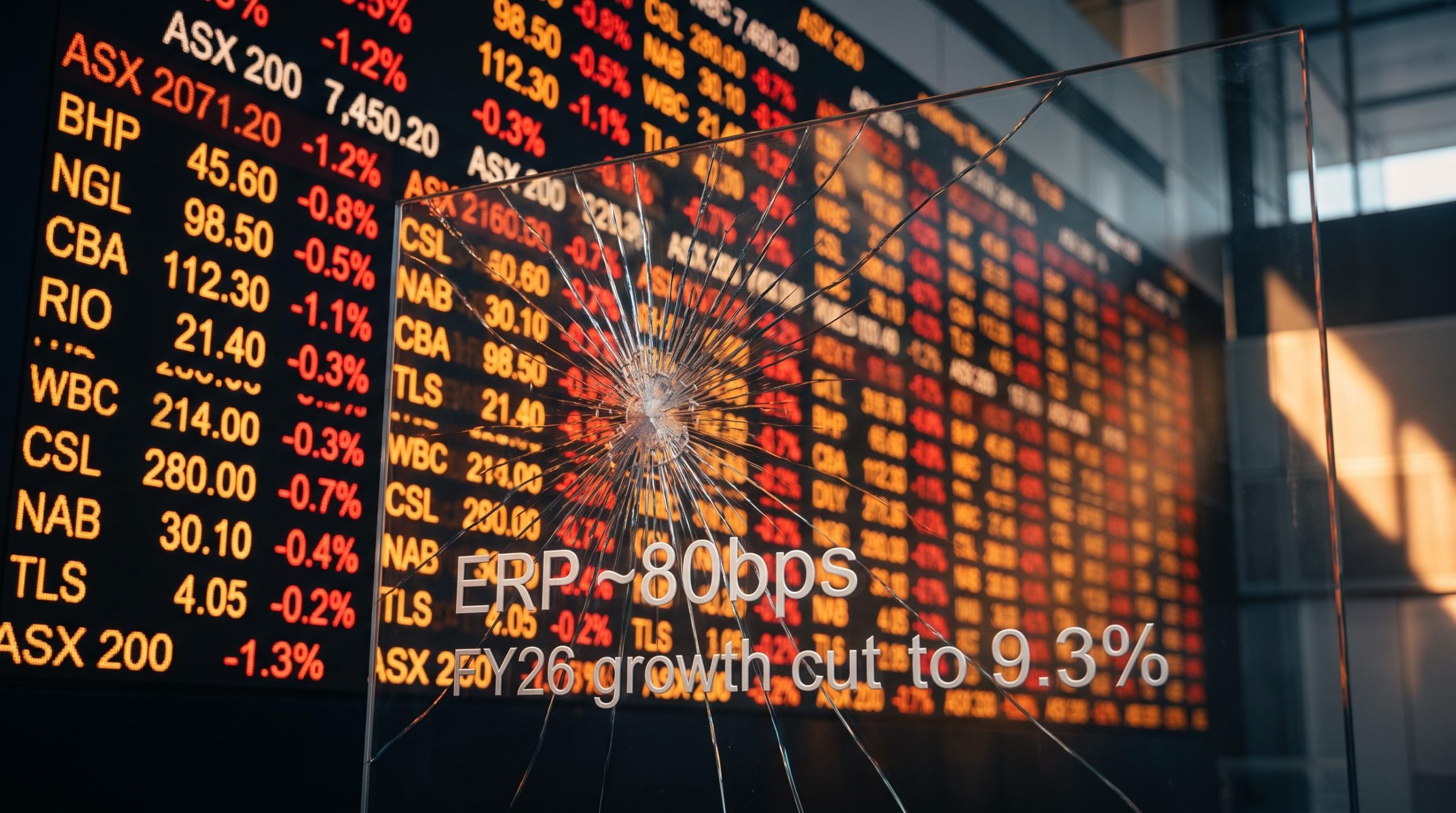 Cracked glass panel over ASX 200 data wall showing FY26 earnings cut to 9.3% — Australian equities strategy