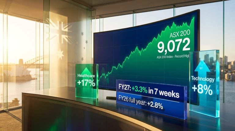 ASX 200 at 9,072 with healthcare +17% and tech +8% panels as FY27 outpaces all of FY26 in 7 weeks
