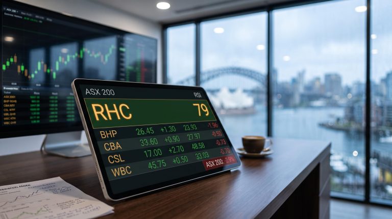 ASX 200 trading terminal showing RHC RSI 79 amid a 2.9% index decline, Sydney harbour backdrop