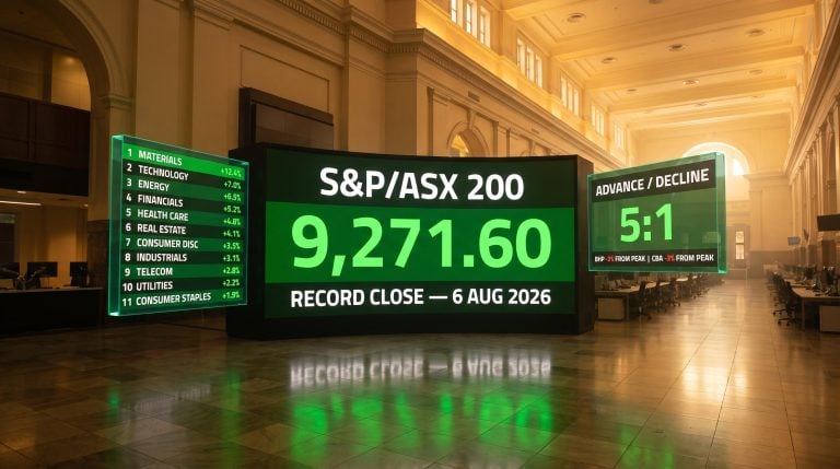 ASX 200 record close of 9,271.60 on 6 Aug 2026 displayed on exchange board with 5:1 advance-decline ratio and all-sector gains