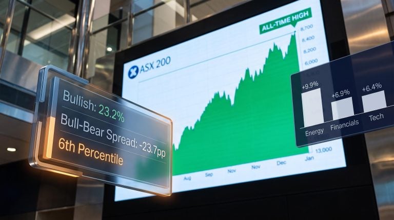 ASX 200 all-time high chart contrasted with 23.2% bullish reading and -23.7pp bull-bear spread data overlays
