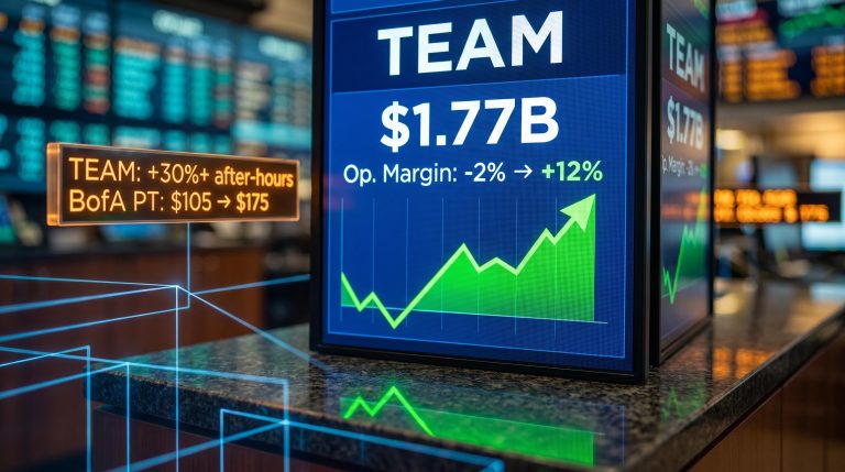 Atlassian TEAM stock screen showing $1.77B revenue and 30% surge as enterprise software AI thesis reprices