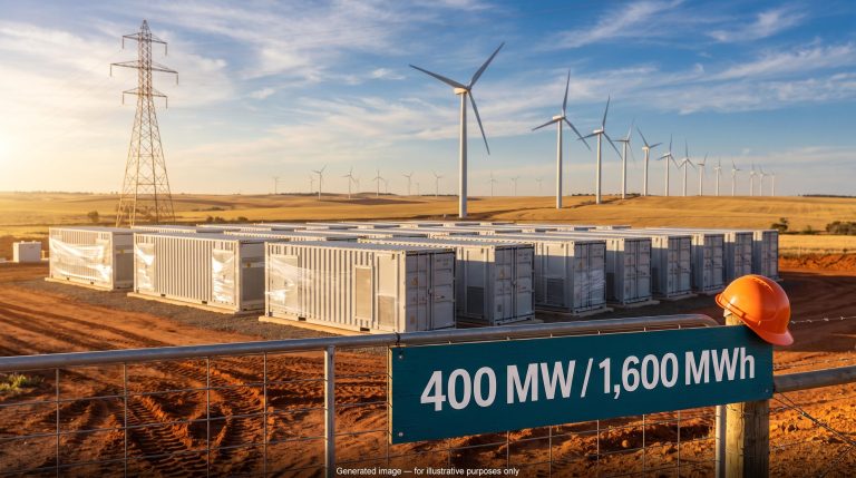Atmos Renewables financial close: battery storage site with 400 MW / 1,600 MWh sign and wind turbines at golden hour