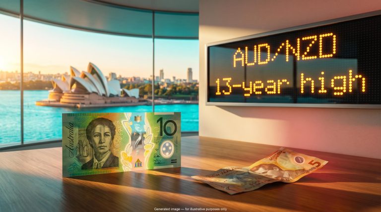 AUD/NZD hits 13-year high: Australian banknote stands tall beside a wilting New Zealand note before a Sydney harbour ticker