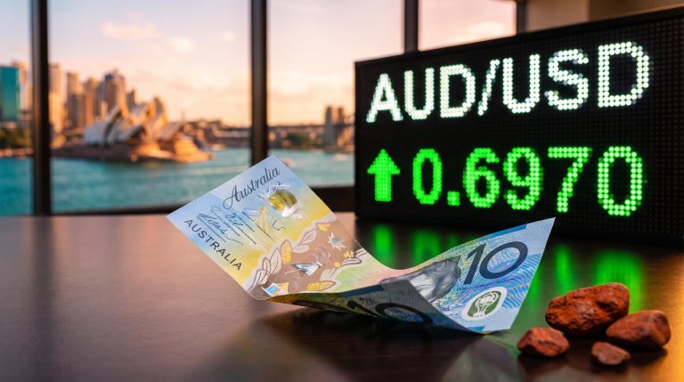 Australian dollar banknote before an AUD/USD board showing 0.6970 against Sydney Harbour, AUD/USD forecast after China data