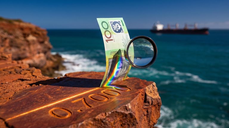 Australian banknote pressed against an engraved 0.7000 ceiling above the sea, illustrating the AUD/USD forecast