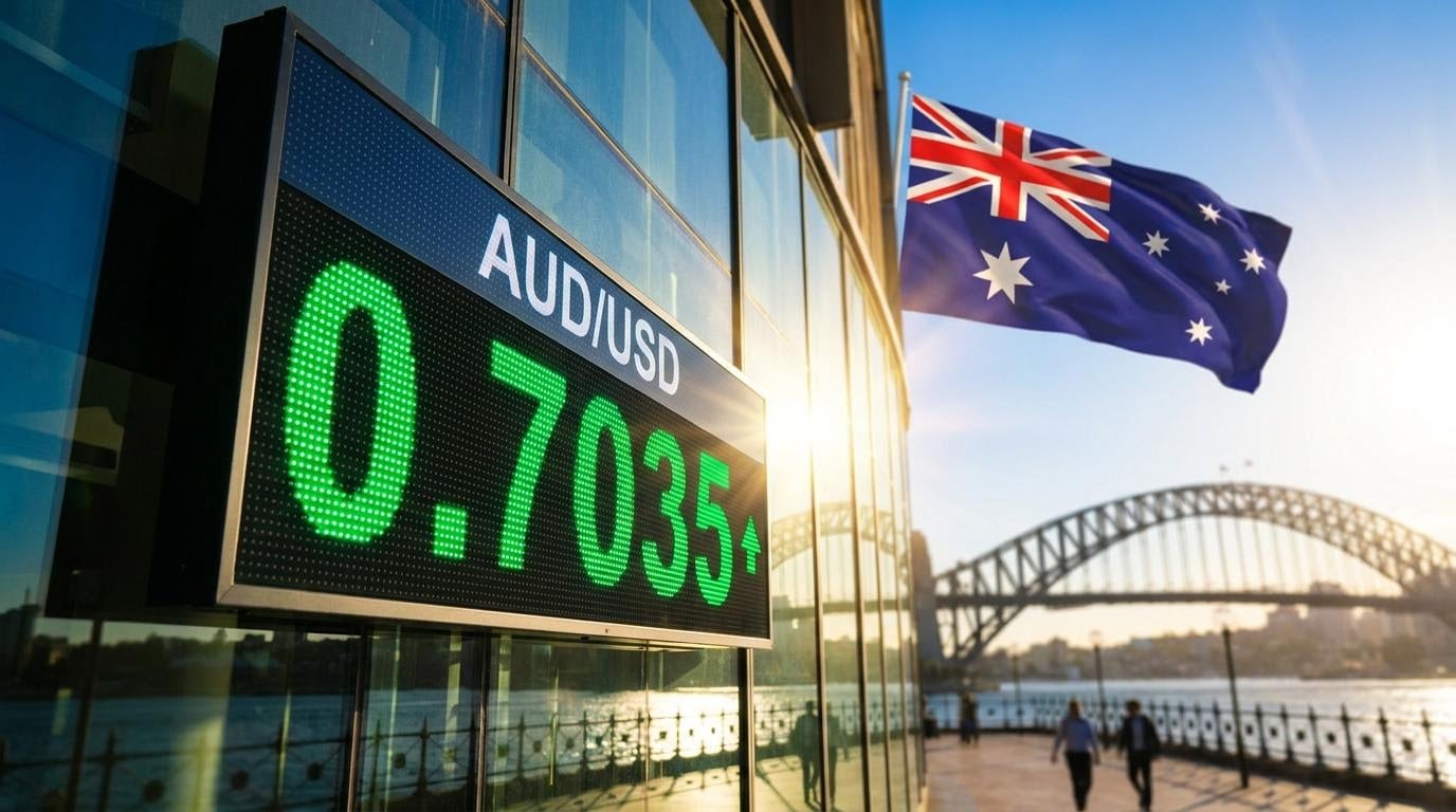 AUD/USD forecast: LED exchange board showing 0.7035 in green beside the Australian flag and Sydney Harbour Bridge