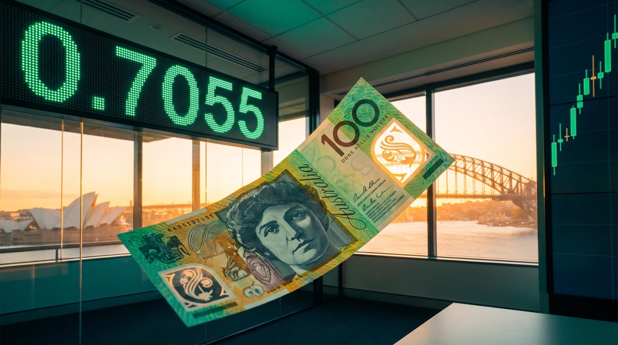AUD/USD forecast: Australian banknote before a rate board showing 0.7055 as the Aussie rises on hot inflation data