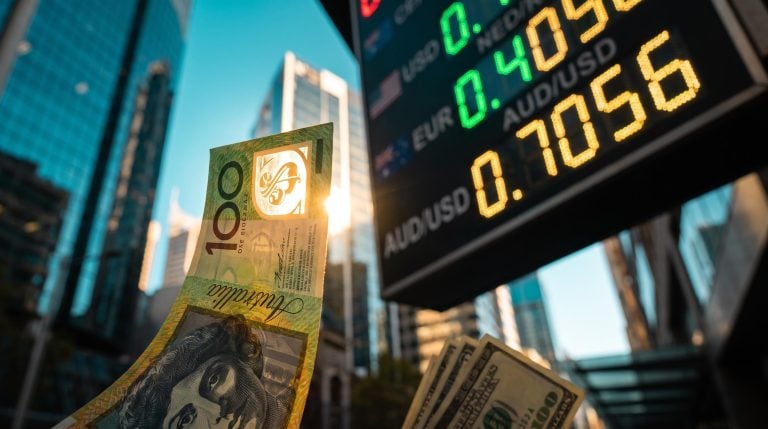 Australian dollar note before an exchange board showing 0.7056 as the AUD/USD forecast turns to the RBA