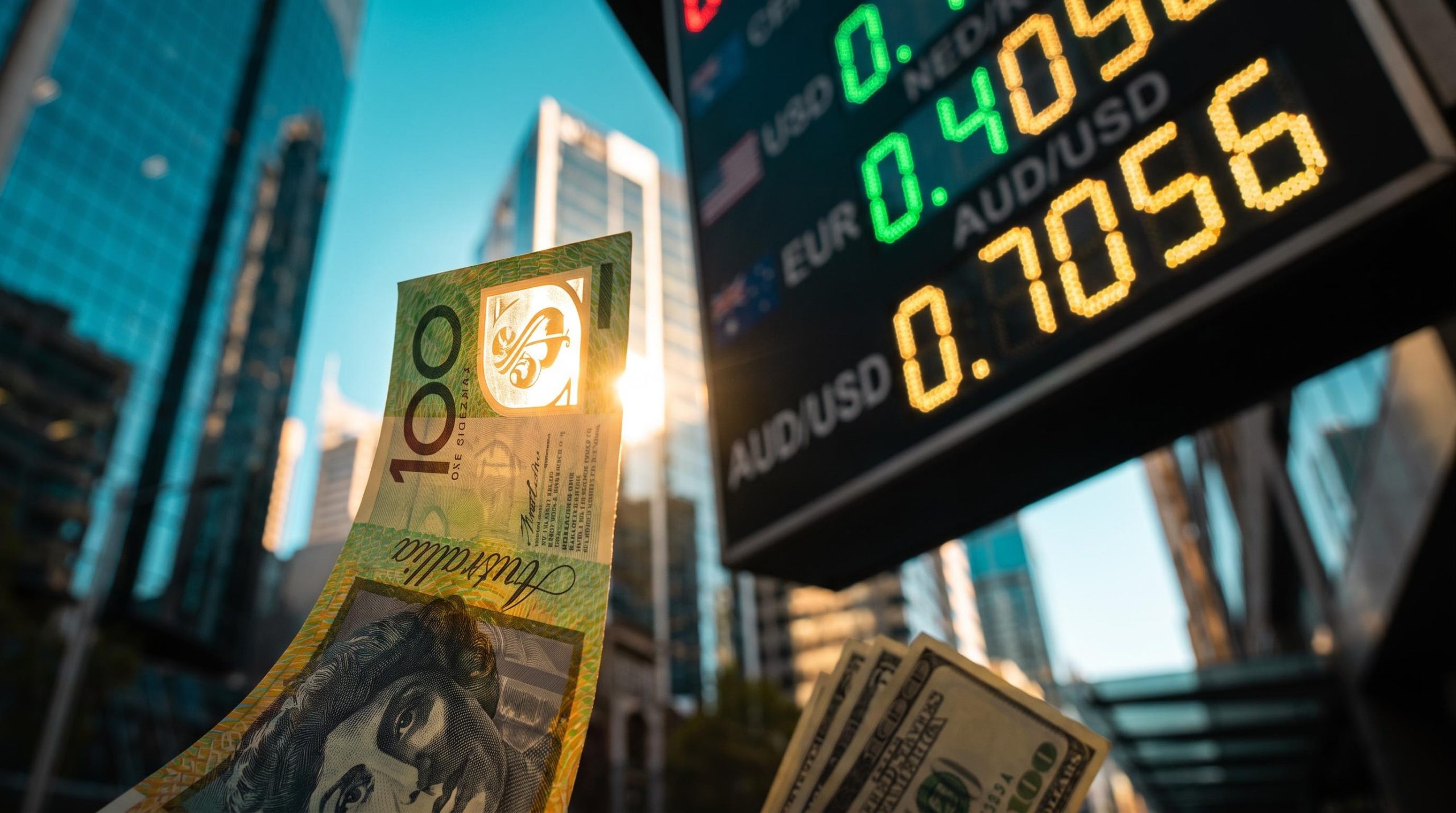 Australian dollar note before an exchange board showing 0.7056 as the AUD/USD forecast turns to the RBA