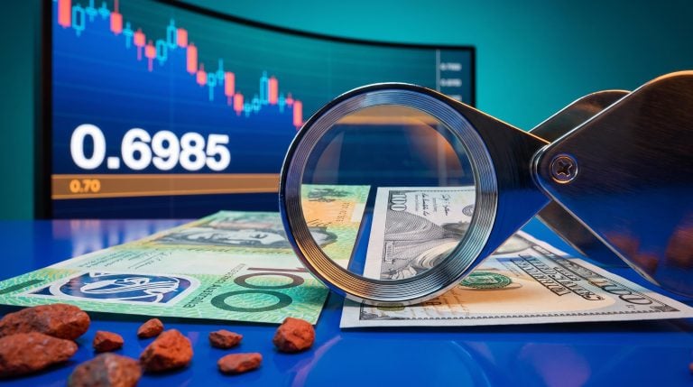 AUD/USD forecast: loupe over Australian and US banknotes with iron ore and a chart showing 0.6985 below the 0.70 mark