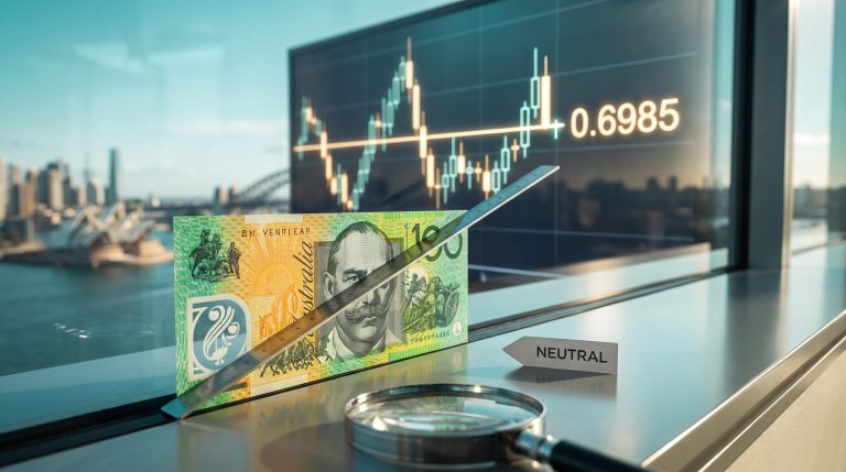 Magnifying glass over an Australian dollar note before a screen showing the 0.6985 break in the AUD/USD outlook