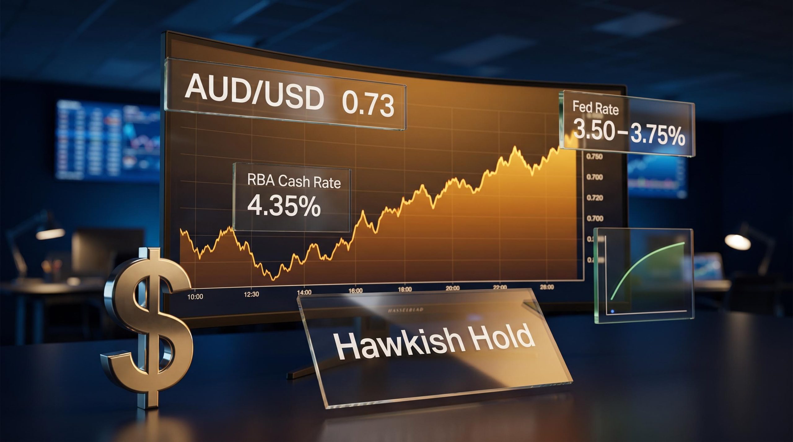 AUD/USD 0.73 ING forecast panel on trading screen with RBA 4.35% cash rate overlay — Australian dollar forecast