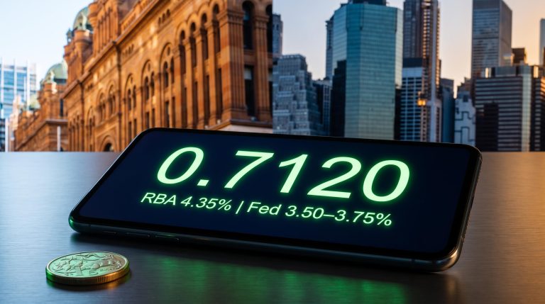 AUD/USD at 0.7120 on FX terminal with RBA and Fed rate spread, Sydney and New York skylines split in background