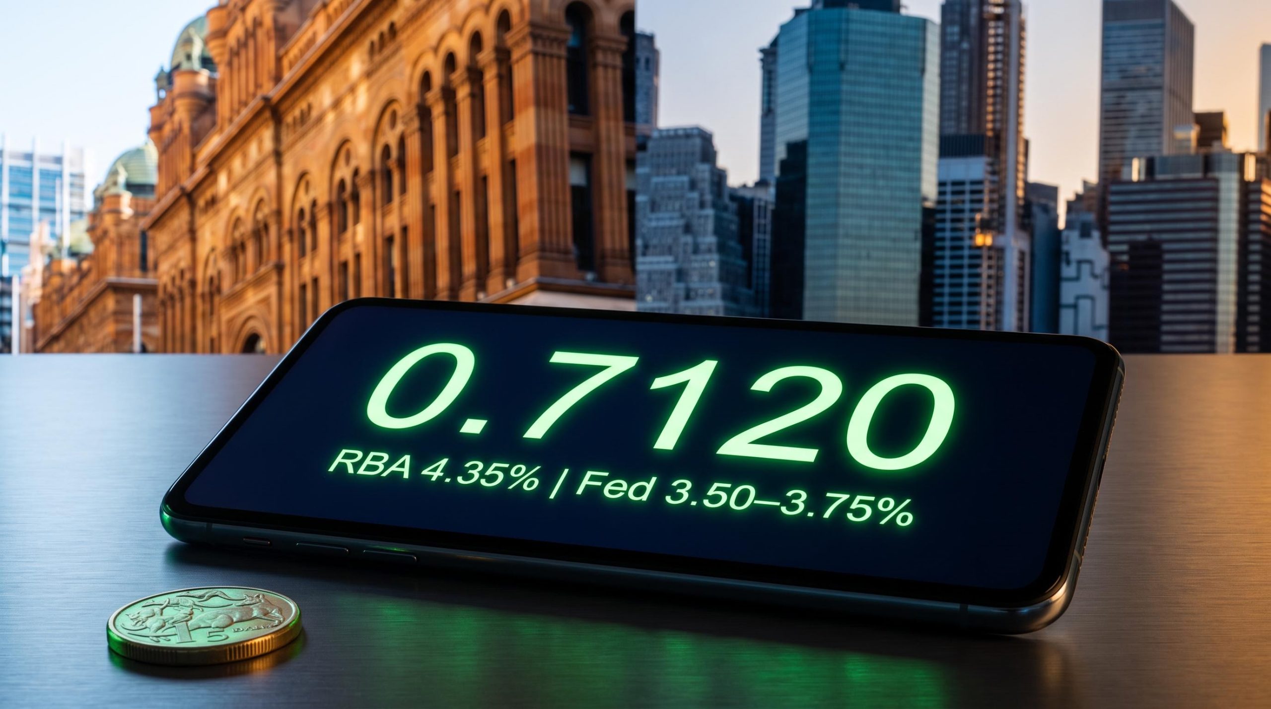 AUD/USD at 0.7120 on FX terminal with RBA and Fed rate spread, Sydney and New York skylines split in background