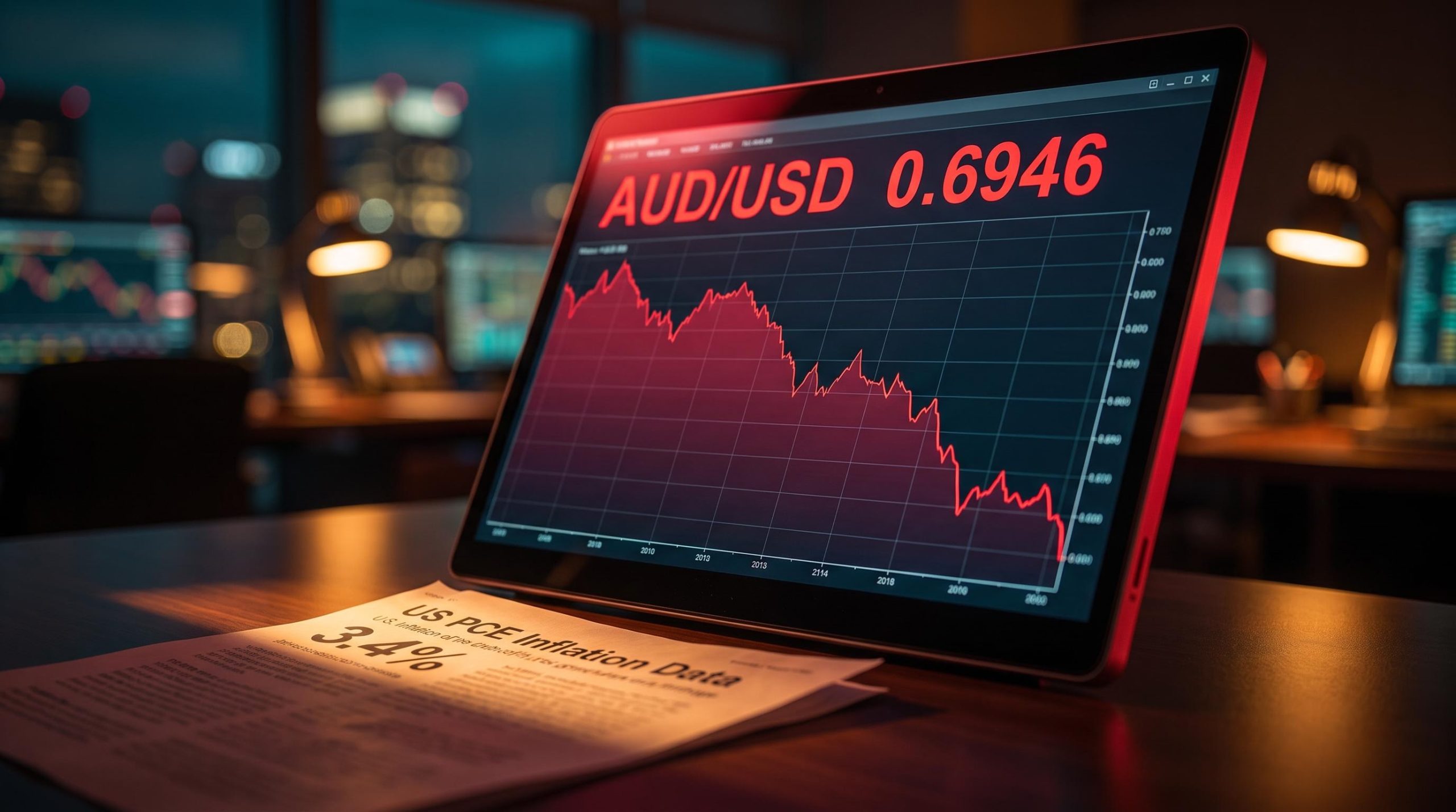 AUD/USD terminal showing 0.6946 decline despite soft US PCE data — RBA rate path analysis