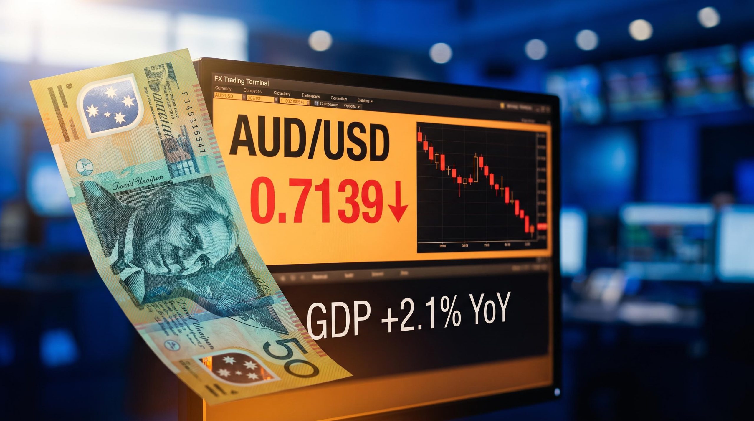 AUD banknote in sharp foreground with FX terminal showing AUD/USD 0.7139 falling despite GDP +2.1% beat