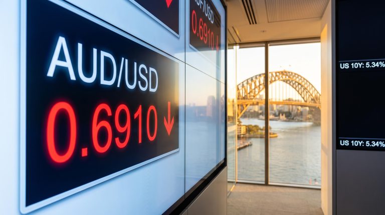 AUD/USD at 0.6910 on trading terminal with Sydney Harbour Bridge backdrop as RBA rate hike fails to lift the currency