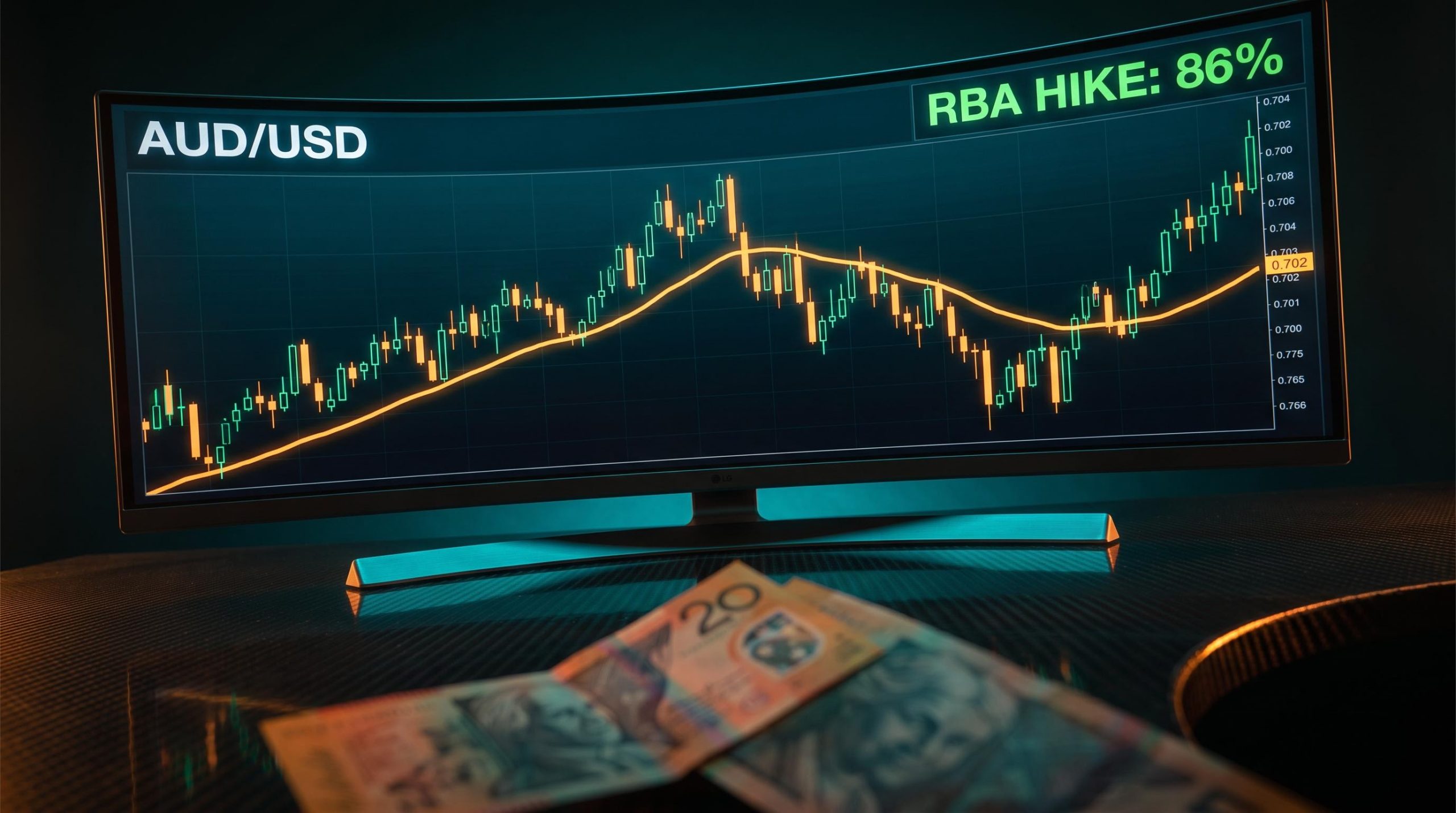 AUD/USD chart straddling 200-day moving average with RBA hike probability at 86% on trading terminal
