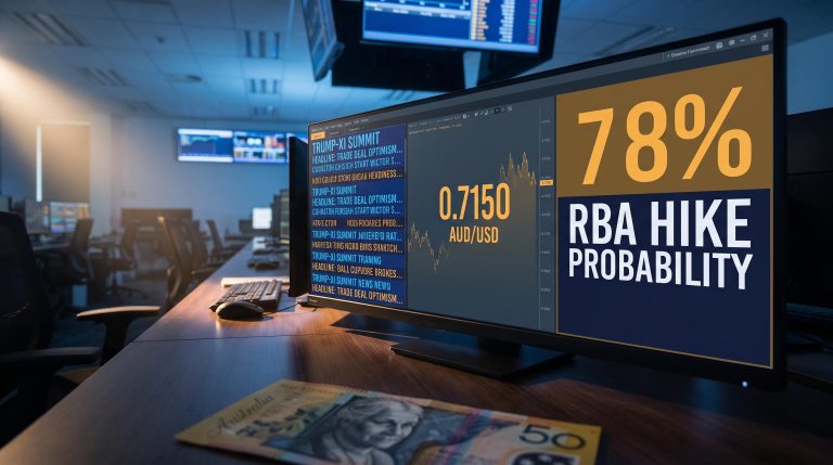 AUD/USD trading terminal displaying 0.7150 amid Trump-Xi summit and RBA hike macro event collision