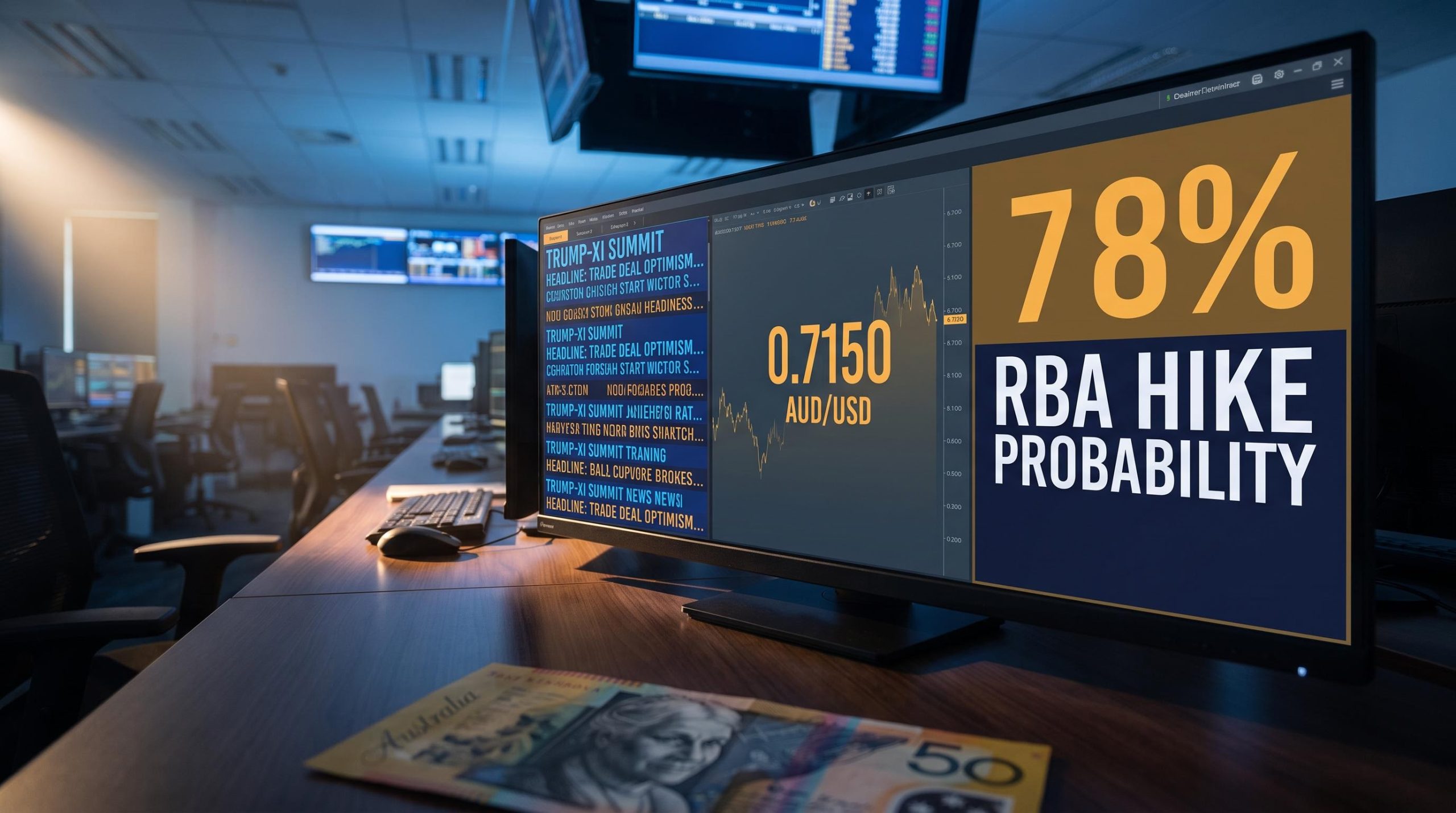 AUD/USD trading terminal displaying 0.7150 amid Trump-Xi summit and RBA hike macro event collision