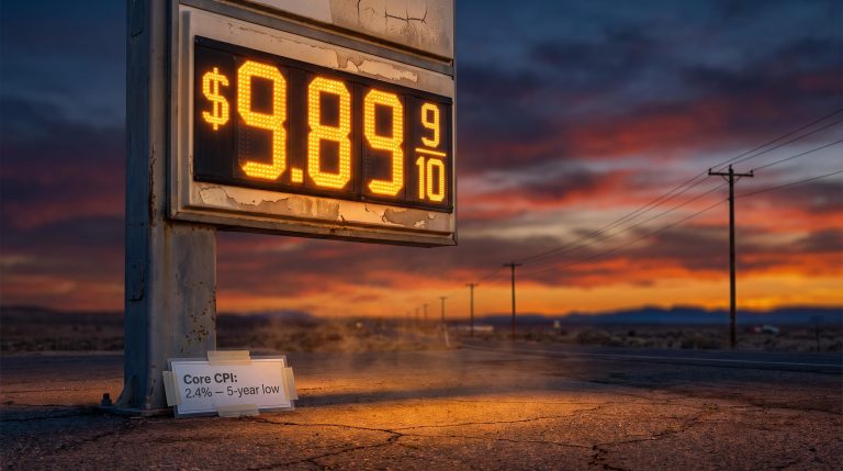 Gas station price sign blazing against dusk sky with core CPI 2.4% five-year low panel — August 2026 CPI breakdown